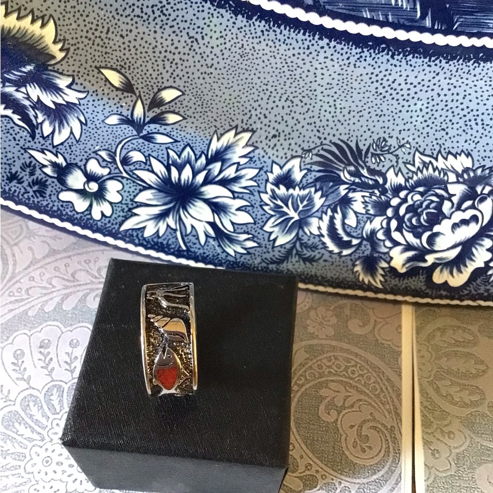 Vintage 925 Hopi sea design turquoise ring